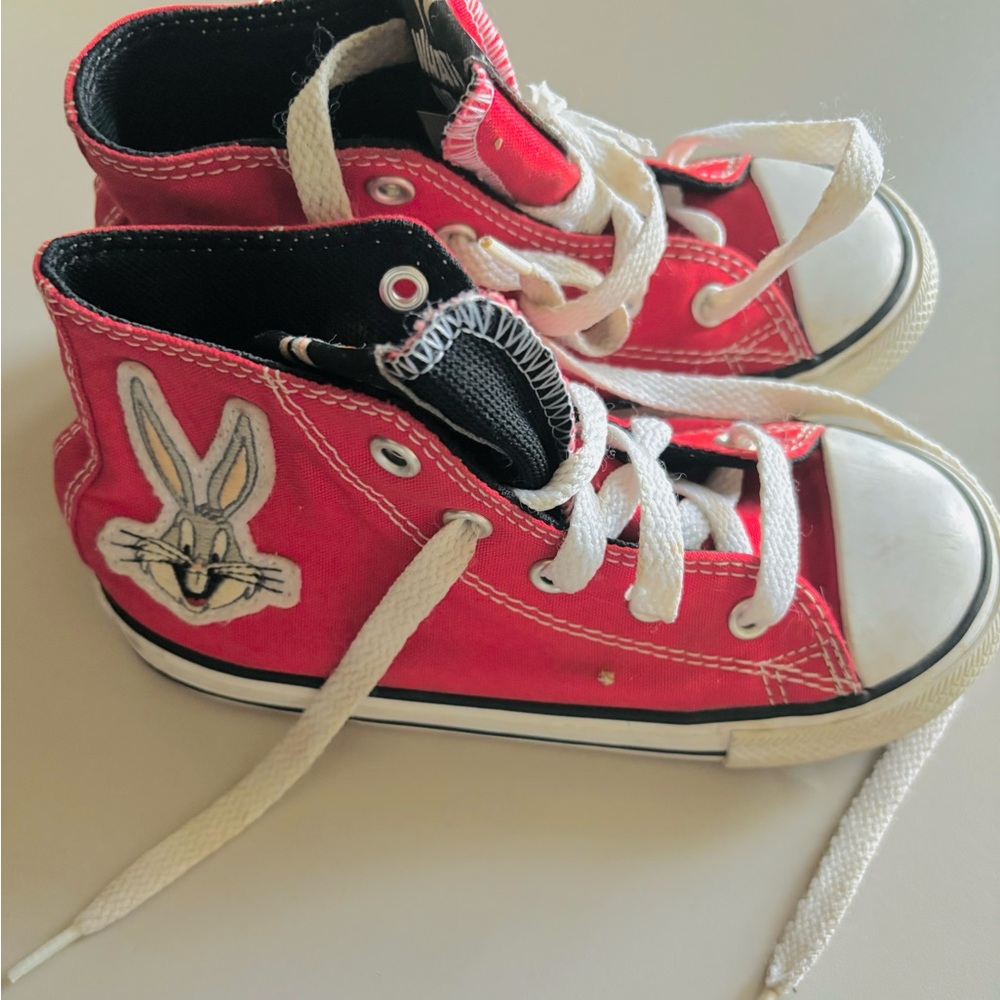 Red Kids Shoes with Cartoon Character 80 year anniversary of bugs bunny.